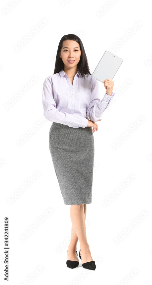 Portrait of young Asian businesswoman with tablet computer on white background