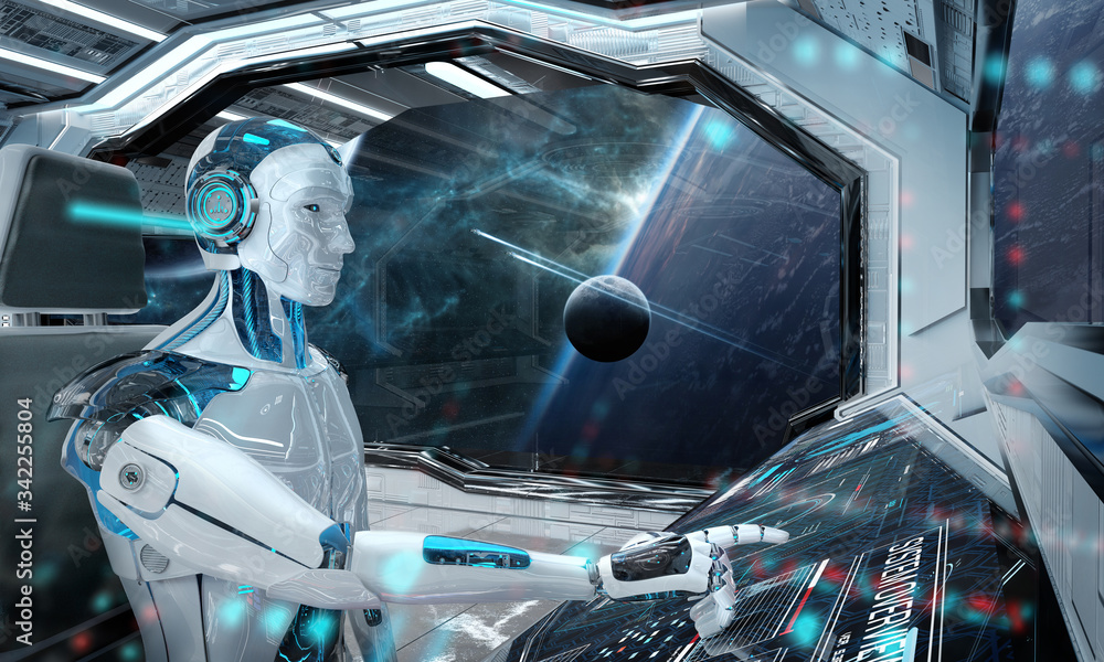 Robot in a control room flying a white modern spaceship with window view on space 3D rendering