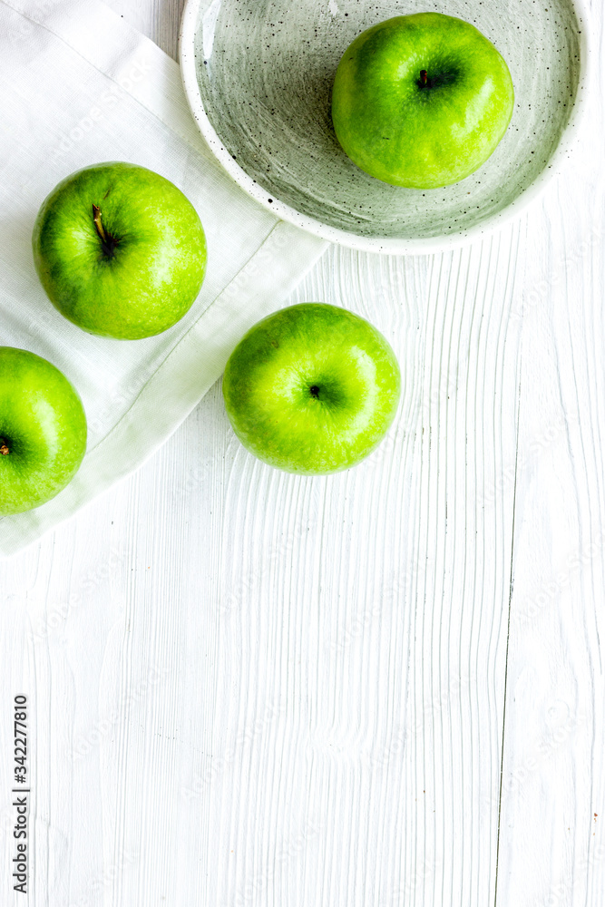 ripe green apples white table background top view space for text