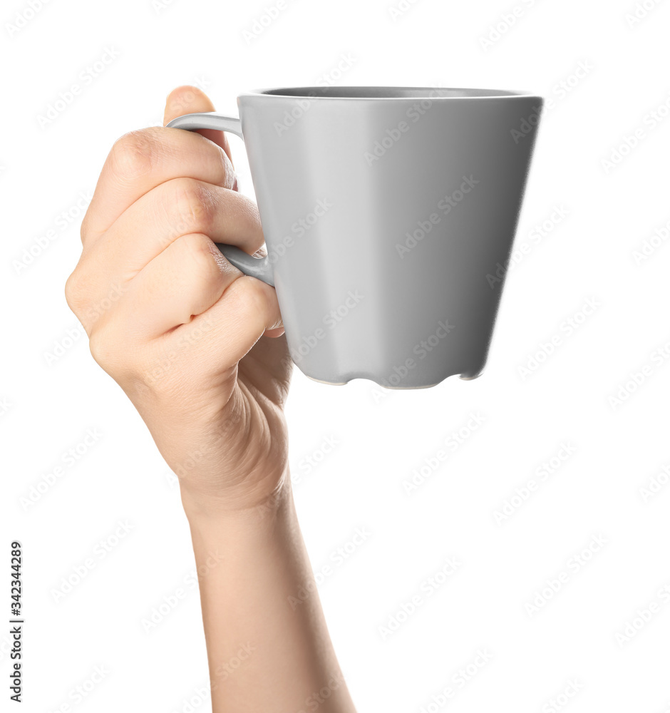 Female hand with blank cup on white background