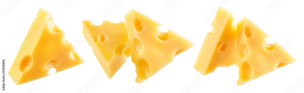 Cheese isolated. Cheese pieces on white background. Cheese collection. Clipping path.