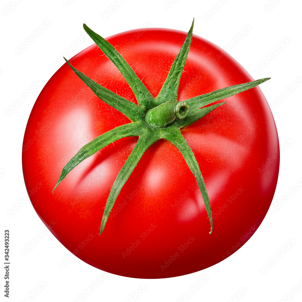 Tomato isolated. Whole tomato on white. Tomato top view. Tomato with clipping path.