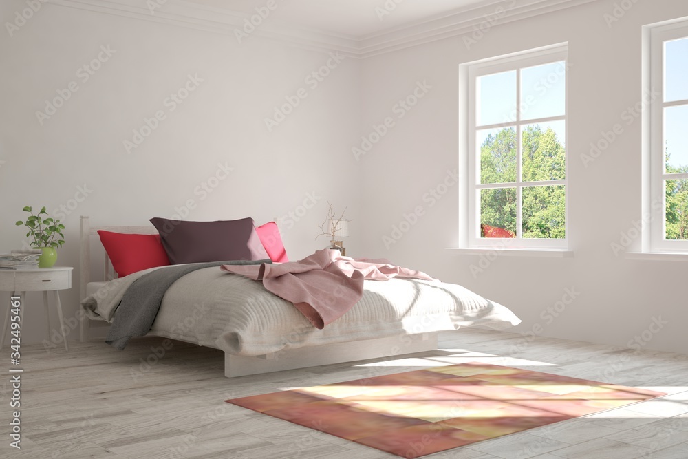 Stylish bedroom in white color with summer landscape in window. Scandinavian interior design. 3D ill