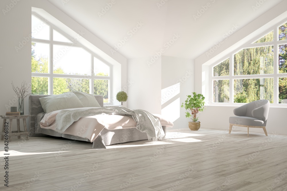 Stylish bedroom in white color with summer landscape in window. Scandinavian interior design. 3D ill