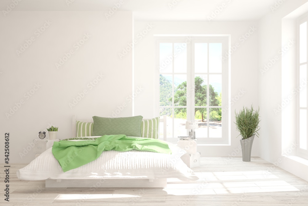 Stylish bedroom in white color with summer landscape in window. Scandinavian interior design. 3D ill