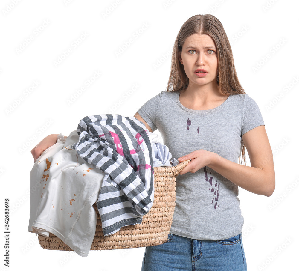 Sad woman with dirty clothes on white background