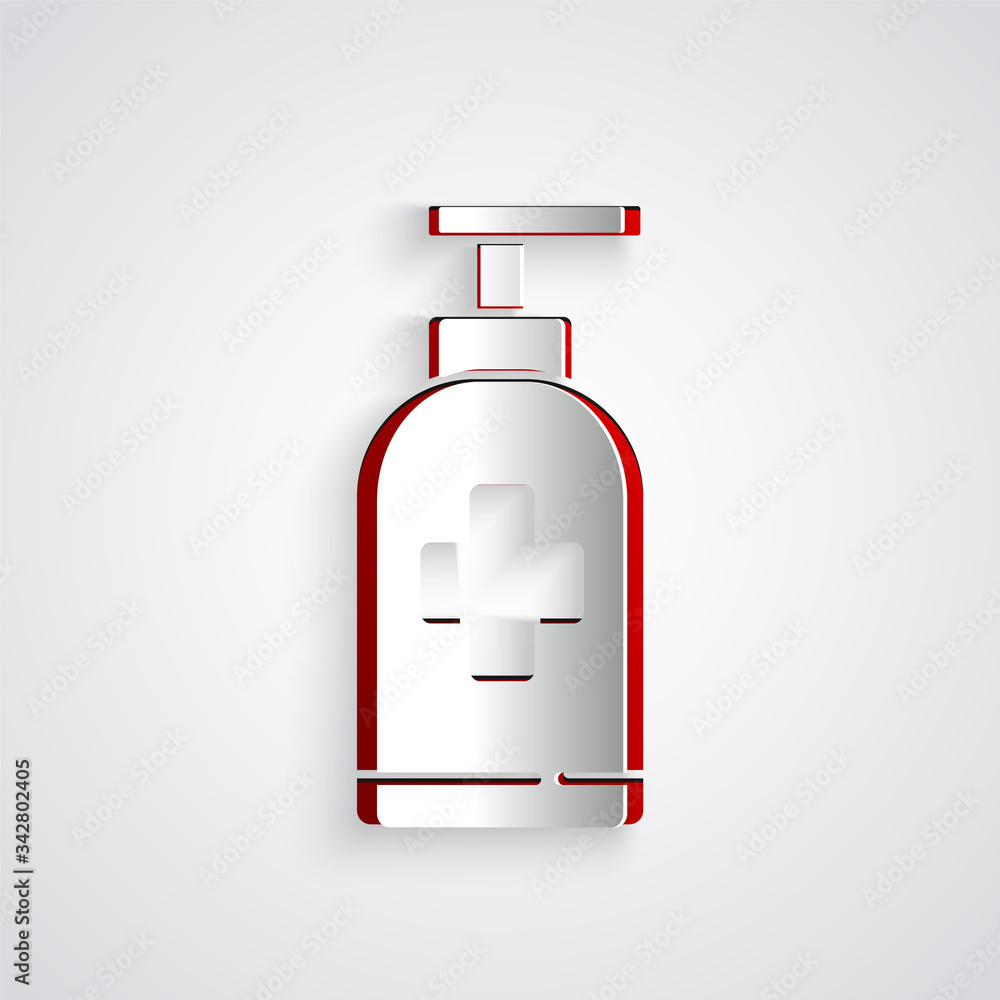 Paper cut Bottle of liquid antibacterial soap with dispenser icon isolated on grey background. Antis