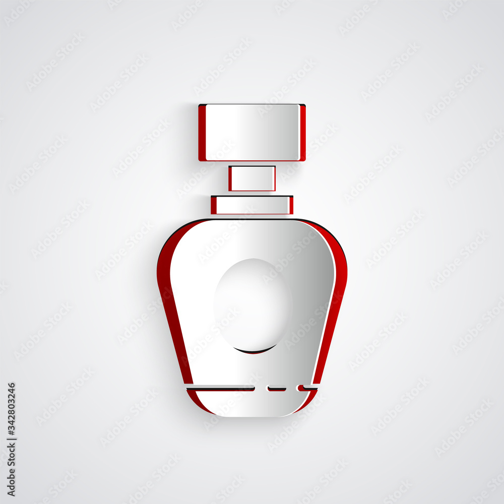 Paper cut Perfume icon isolated on grey background. Paper art style. Vector Illustration