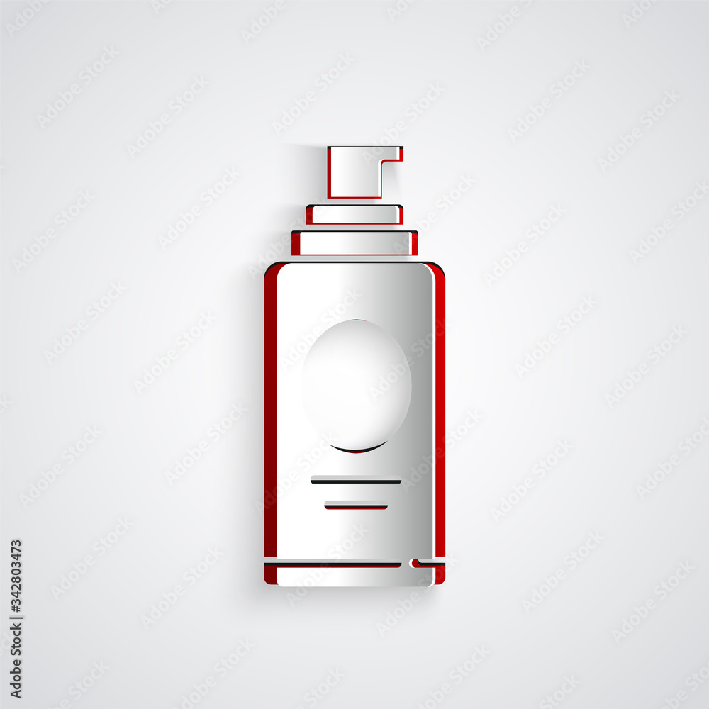 Paper cut Spray can for hairspray, deodorant, antiperspirant icon isolated on grey background. Paper