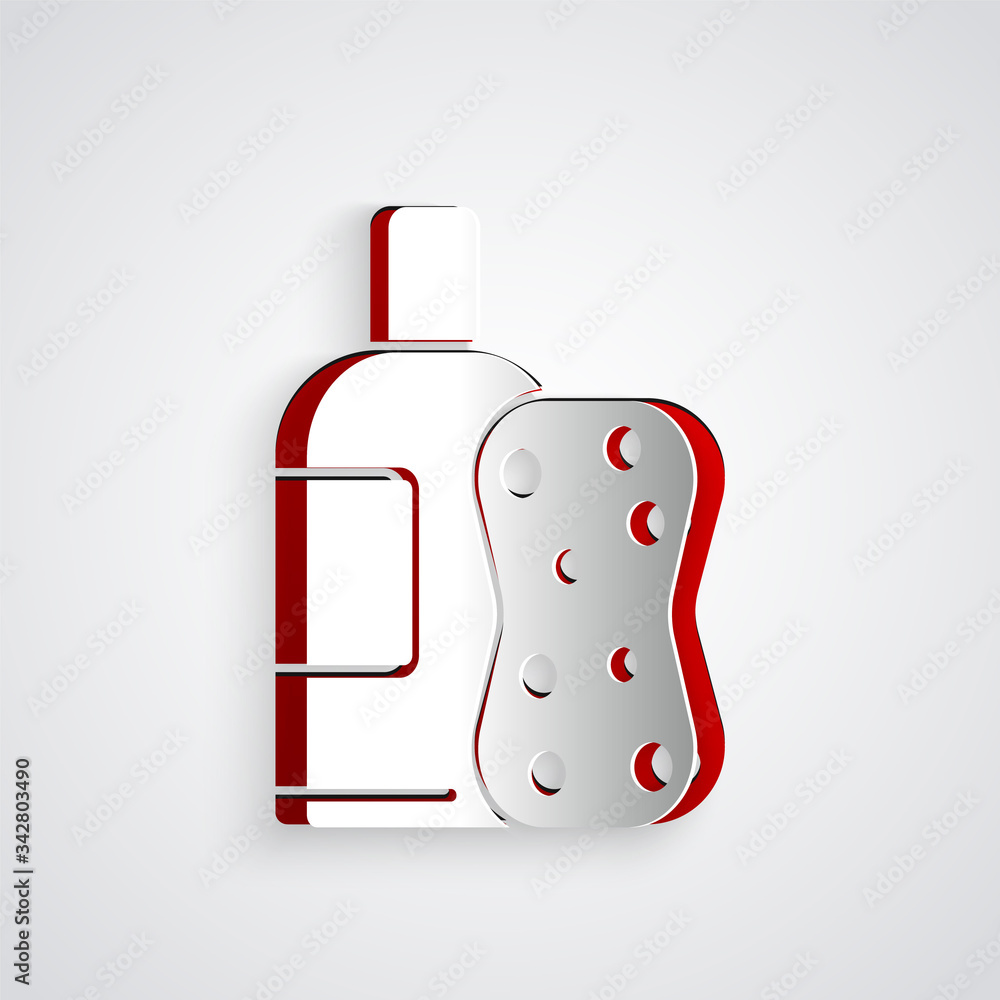 Paper cut Bottle of shampoo and sponge icon isolated on grey background. Paper art style. Vector Ill