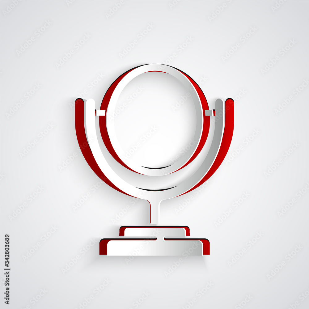 Paper cut Round makeup mirror icon isolated on grey background. Paper art style. Vector Illustration