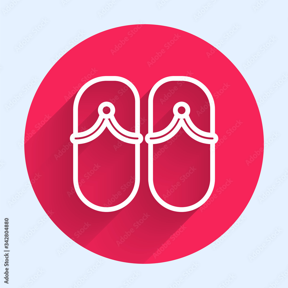 White line Flip flops icon isolated with long shadow. Beach slippers sign. Red circle button. Vector