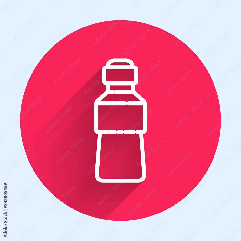 White line Bottle of water icon isolated with long shadow. Soda aqua drink sign. Red circle button. 