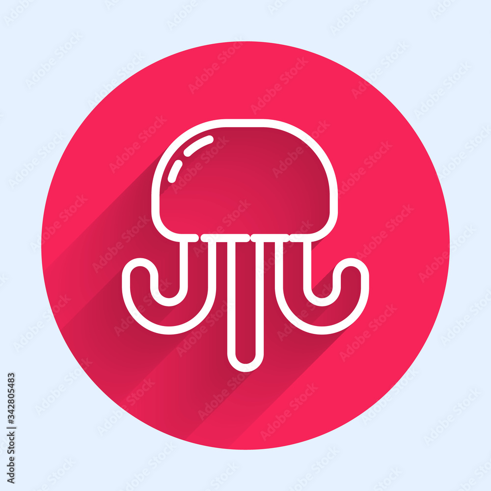 White line Jellyfish icon isolated with long shadow. Red circle button. Vector Illustration