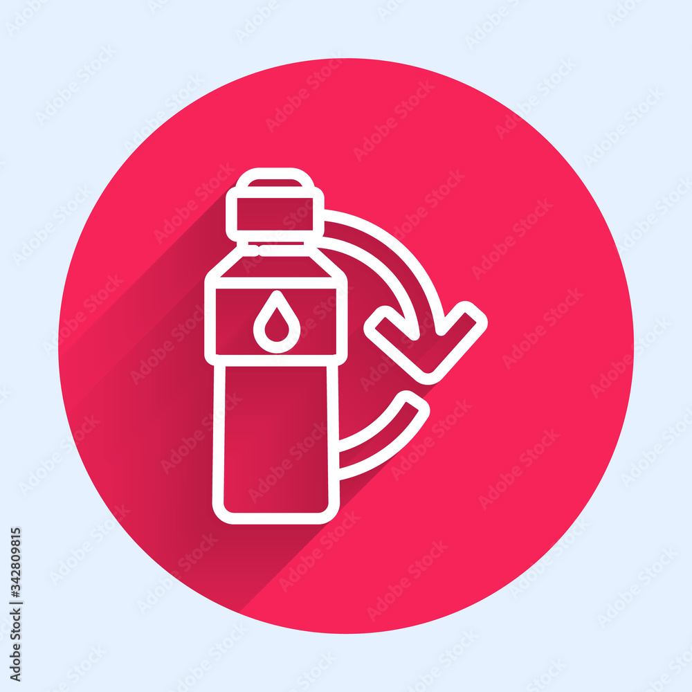 White line Recycling plastic bottle icon isolated with long shadow. Red circle button. Vector Illust