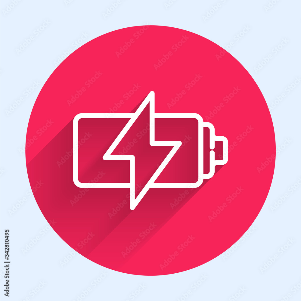 White line Battery icon isolated with long shadow. Lightning bolt symbol. Red circle button. Vector 