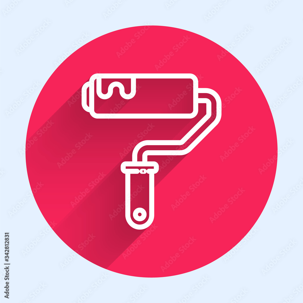 White line Paint roller brush icon isolated with long shadow. Red circle button. Vector Illustration