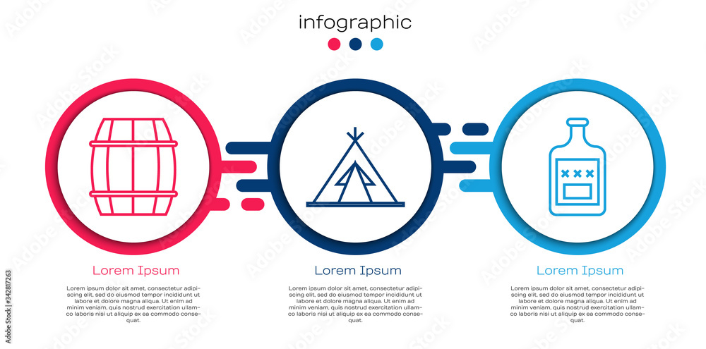设置线木桶、印度圆锥形帐篷或棚屋和威士忌瓶。商业信息图模板.V