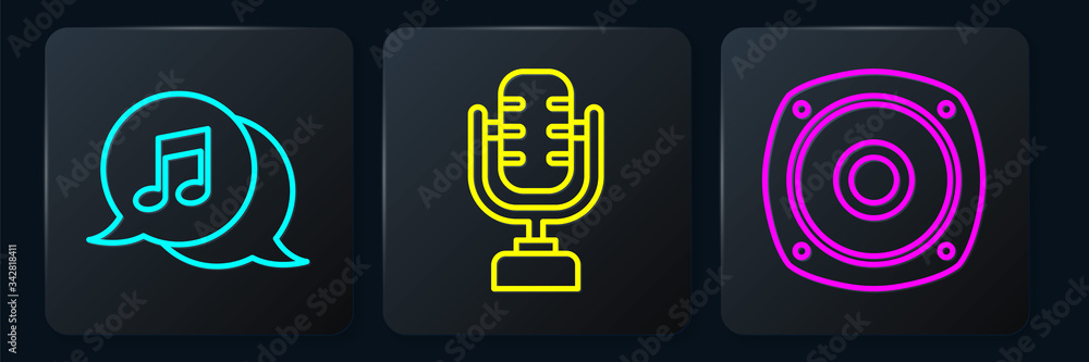 Set line Musical note in speech bubble, Stereo speaker and Microphone. Black square button. Vector