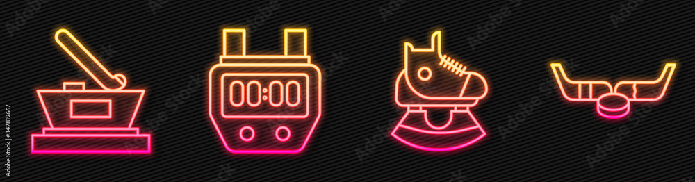 Set line Skates, Ice hockey cup champion, Stopwatch and Ice hockey sticks and puck. Glowing neon ico