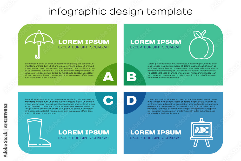 套装防水橡胶靴、雨伞、黑板和桃子。商业信息图模板