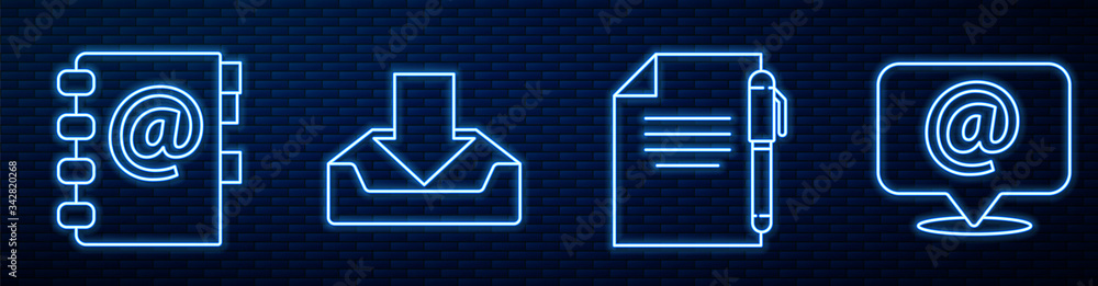 Set line Document and pen, Address book, Download inbox, Mail and e-mail on speech bubble and Delete