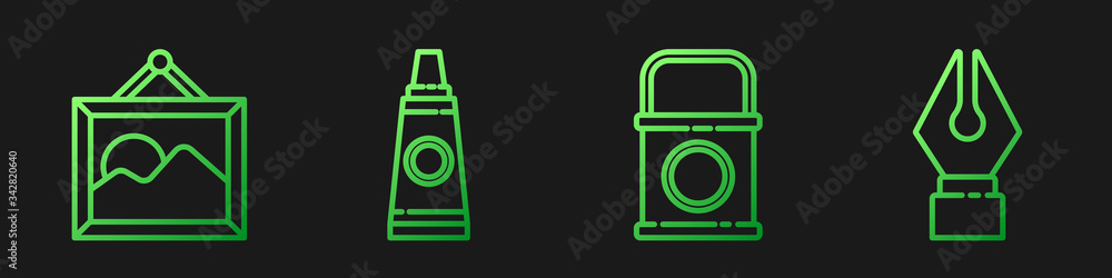 Set line Paint bucket, Picture landscape, Tube with paint palette and Fountain pen nib. Gradient col