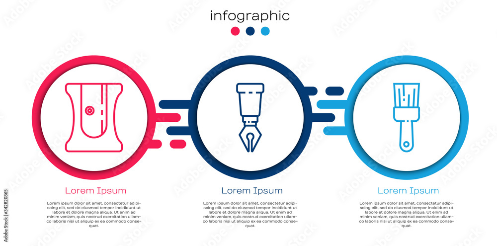 Set line卷笔刀，Fountain笔尖和画笔。商业信息图模板。Vector