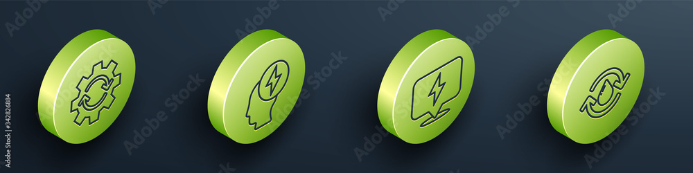 Set Isometric Gear and arrows as workflow, Head and electric symbol, Lightning bolt and Recycle clea