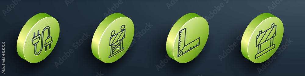 Set Isometric Electric plug, Road barrier, Corner ruler and Road barrier icon. Vector