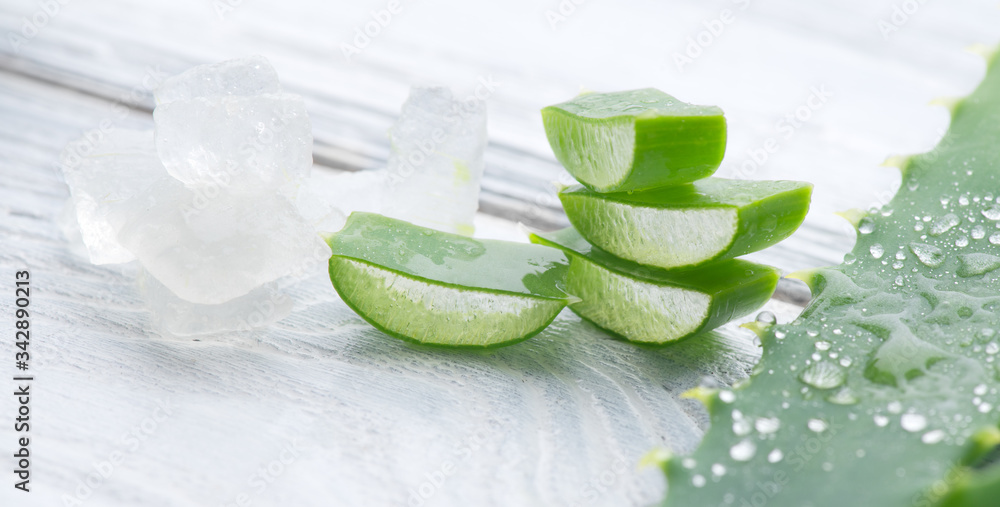 Aloe Vera gel closeup. Sliced Aloevera natural organic renewal cosmetics, alternative medicine. Orga