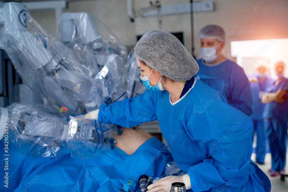 Modern surgical system. Medical robot. Minimally invasive robotic surgery. Medical background