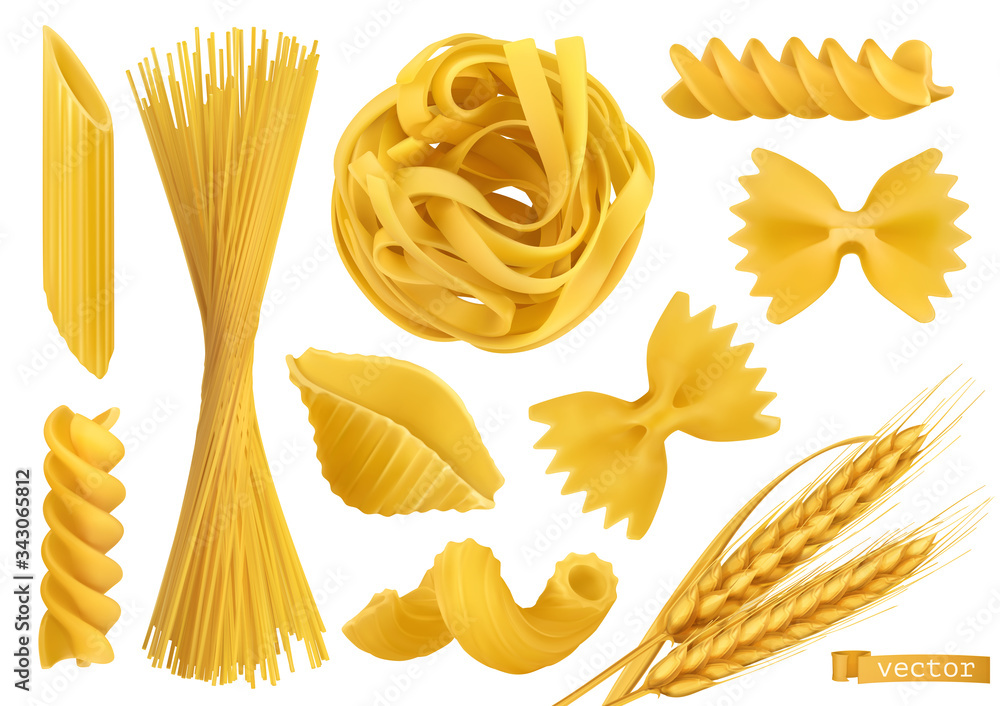 意大利面三维逼真矢量对象集。Penne，fusilli，farfalle，意大利面条，意大利面，