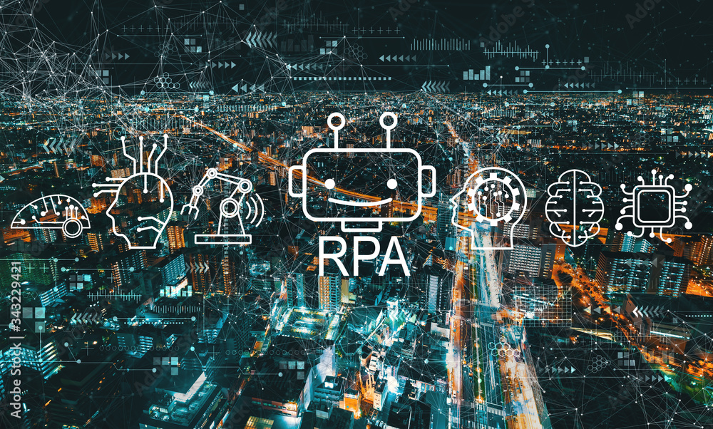 Robotic process automation concept with aerial cityscape view of Japan at night