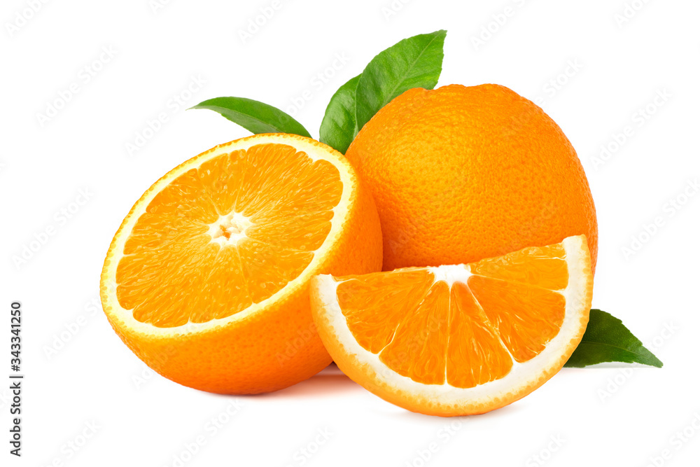 fruit orange with green leaf isolate on white background