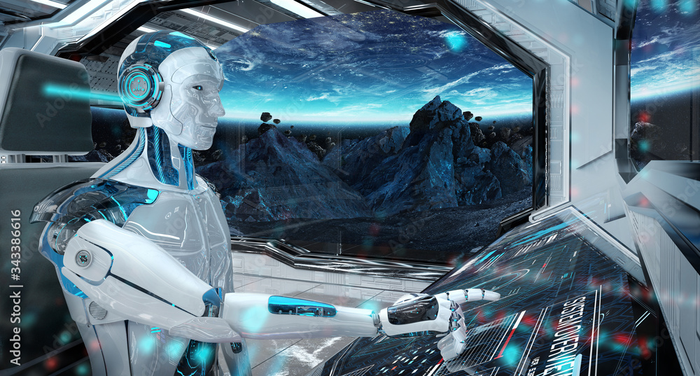 Robot in a control room flying a white modern spaceship with window view on space 3D rendering