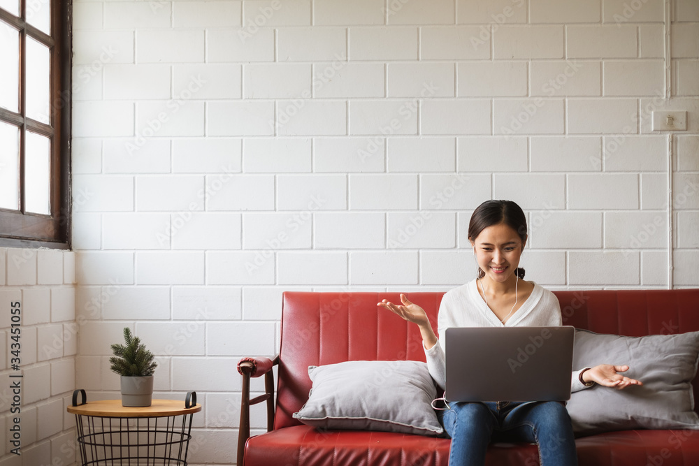 ..Work from home or work at home concept, asian woman working with laptop computer at home