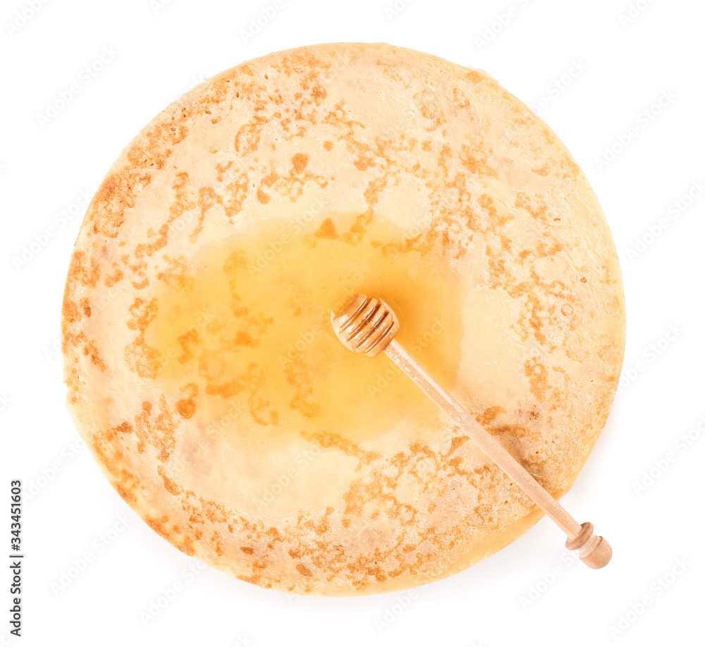 Tasty blini with honey on white background