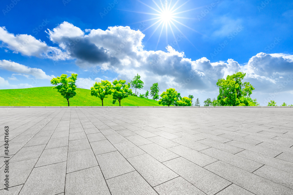 Empty square ground and green grass with tree under blue sky.