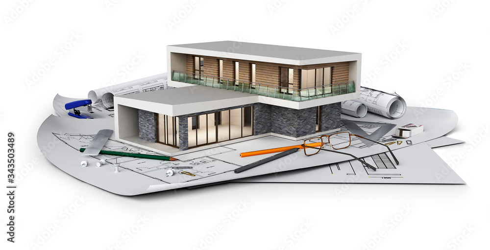 Concept of modern cottage located on blueprints, 3d illustration