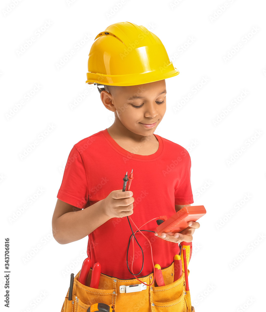 Little African-American electrician on white background