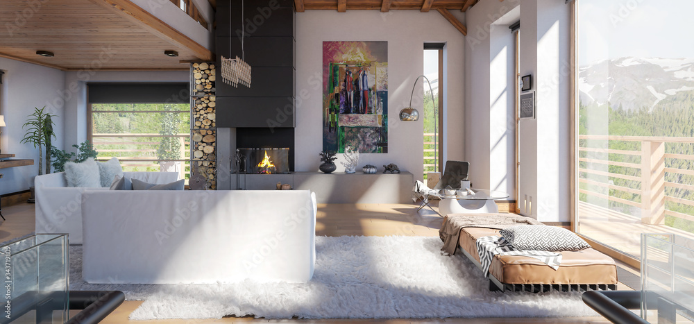 Modern Residential Loft Interior with Fireplace - panoramic 3d visualization