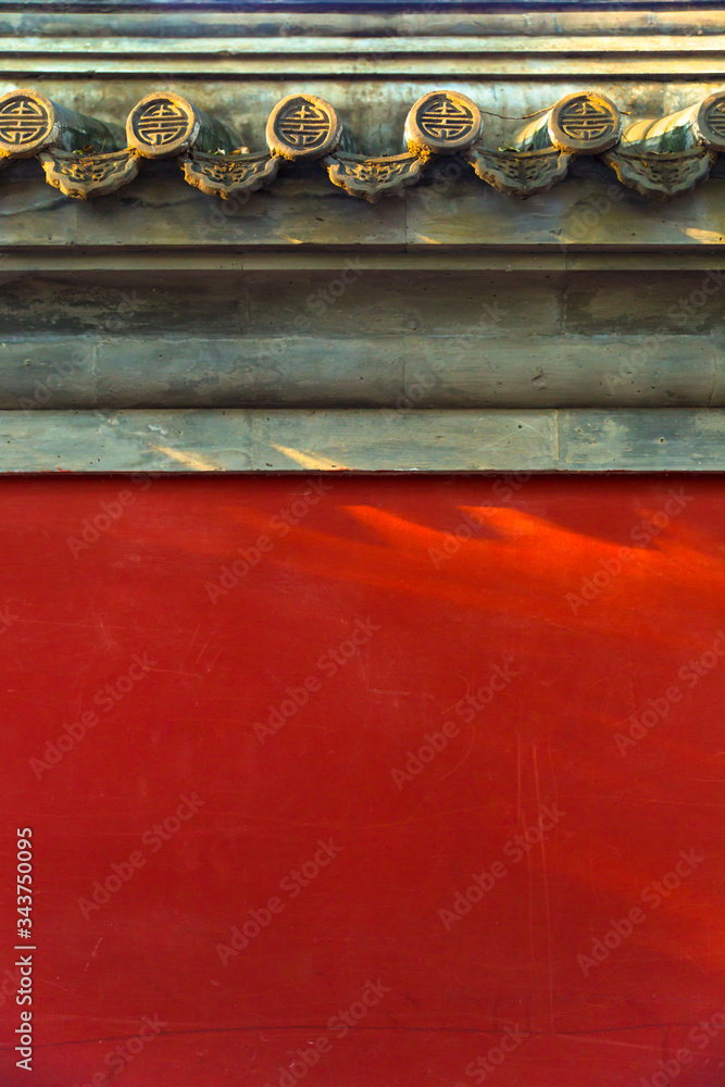 Background of Red wall with green tree’s shadow on it,  Ancient Chinese architecture details