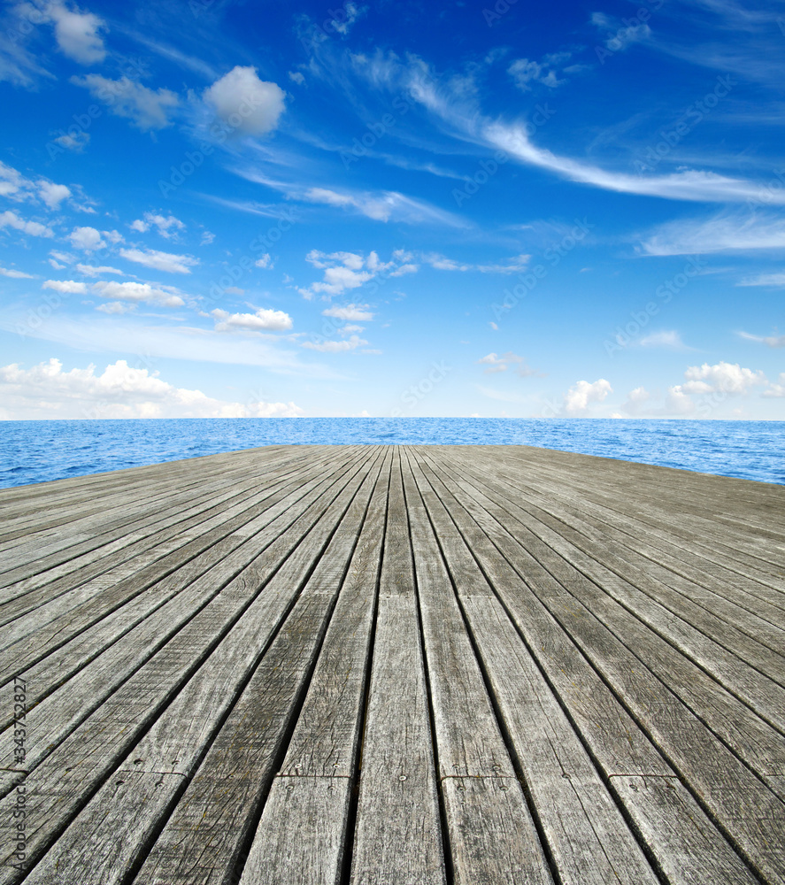  Sea water surface on sky and wooden