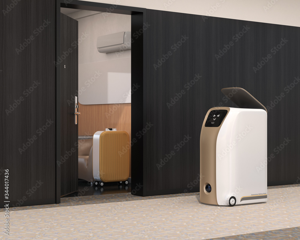 Delivery robot stopped beside room in hotel waiting for pick up. Room door was opened. 3D rendering 