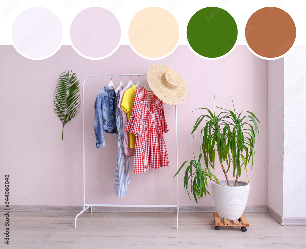 Stylish interior of modern dressing room. Different color patterns