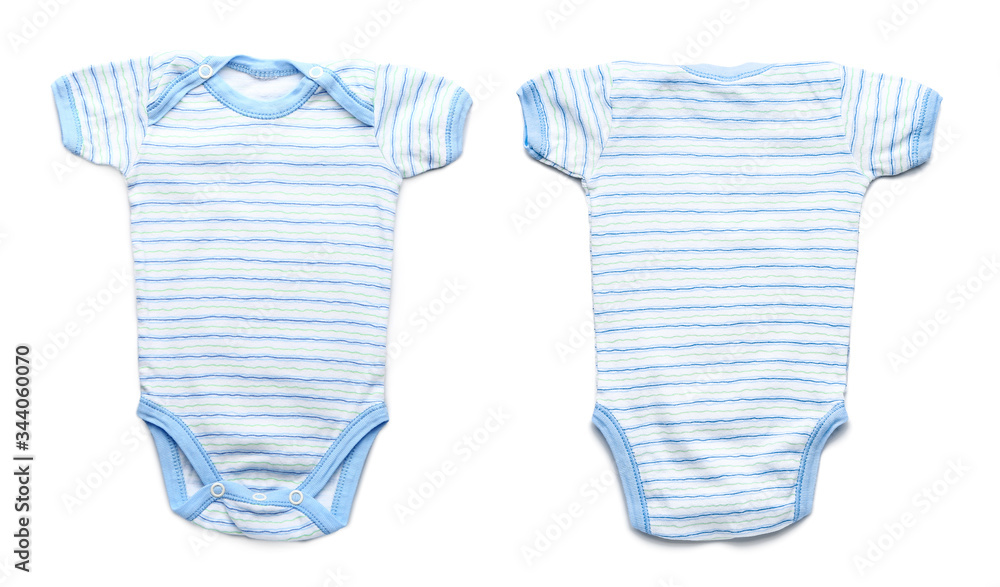 Front and back view of baby bodysuit on white background