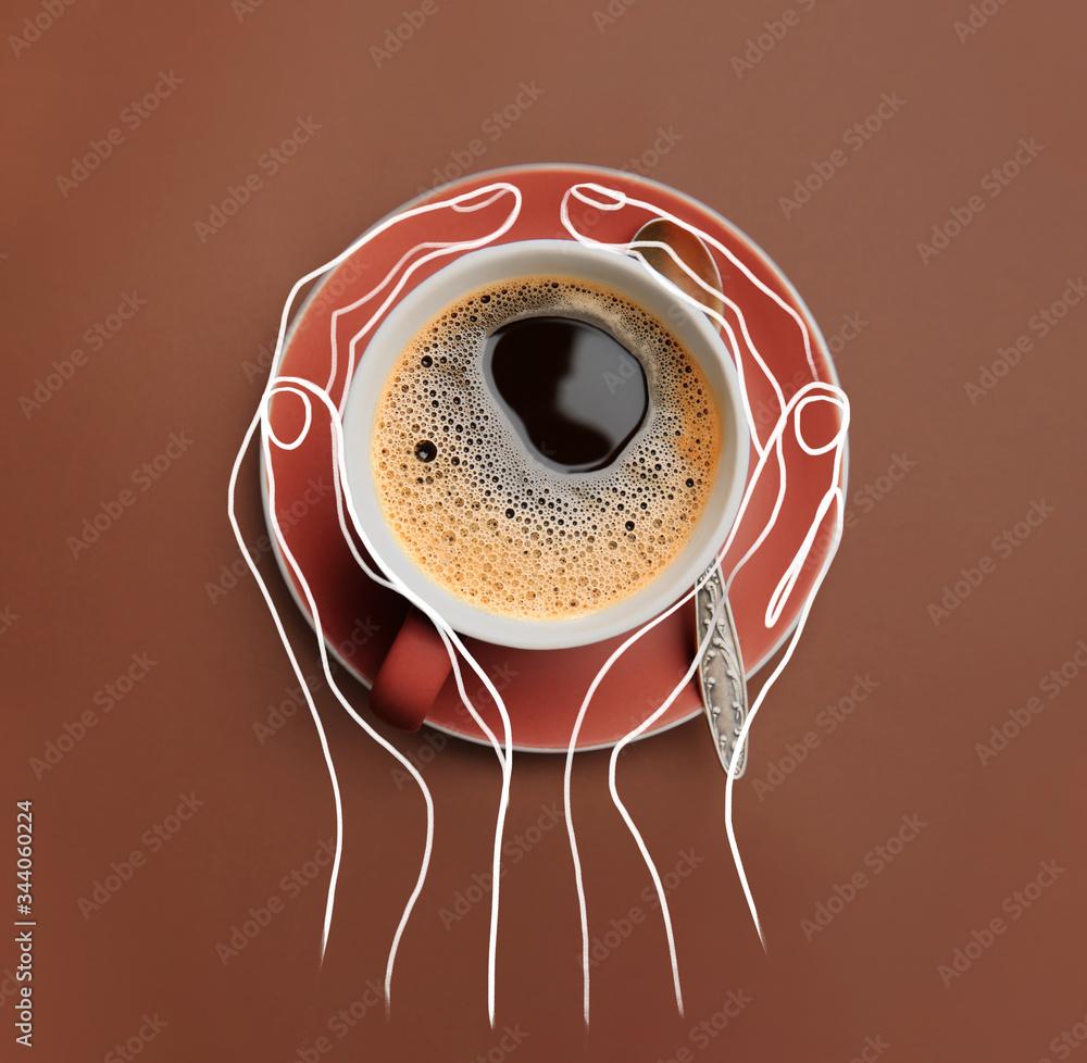 Cup of hot coffee and drawn hands on color background