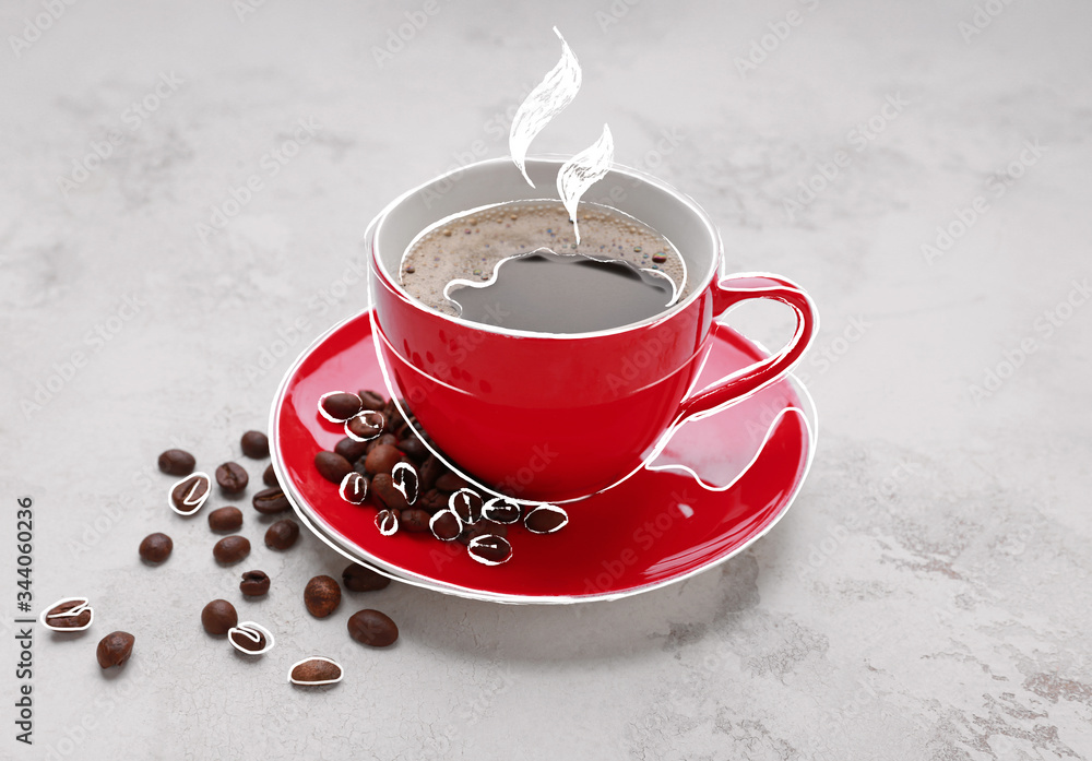 Cup of hot coffee on grey background