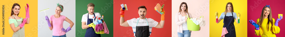 Young people with cleaning supplies and laundry on colorful background